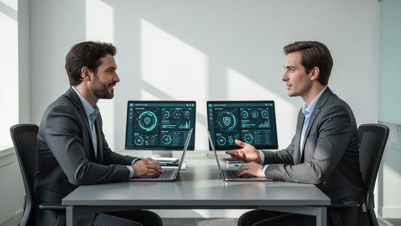 Modern illustration of a cybersecurity professional in a consultation meeting with a recruiter, seated at a desk with laptops showing security dashboards in the background, using clean shapes and controlled colors with green accents.
