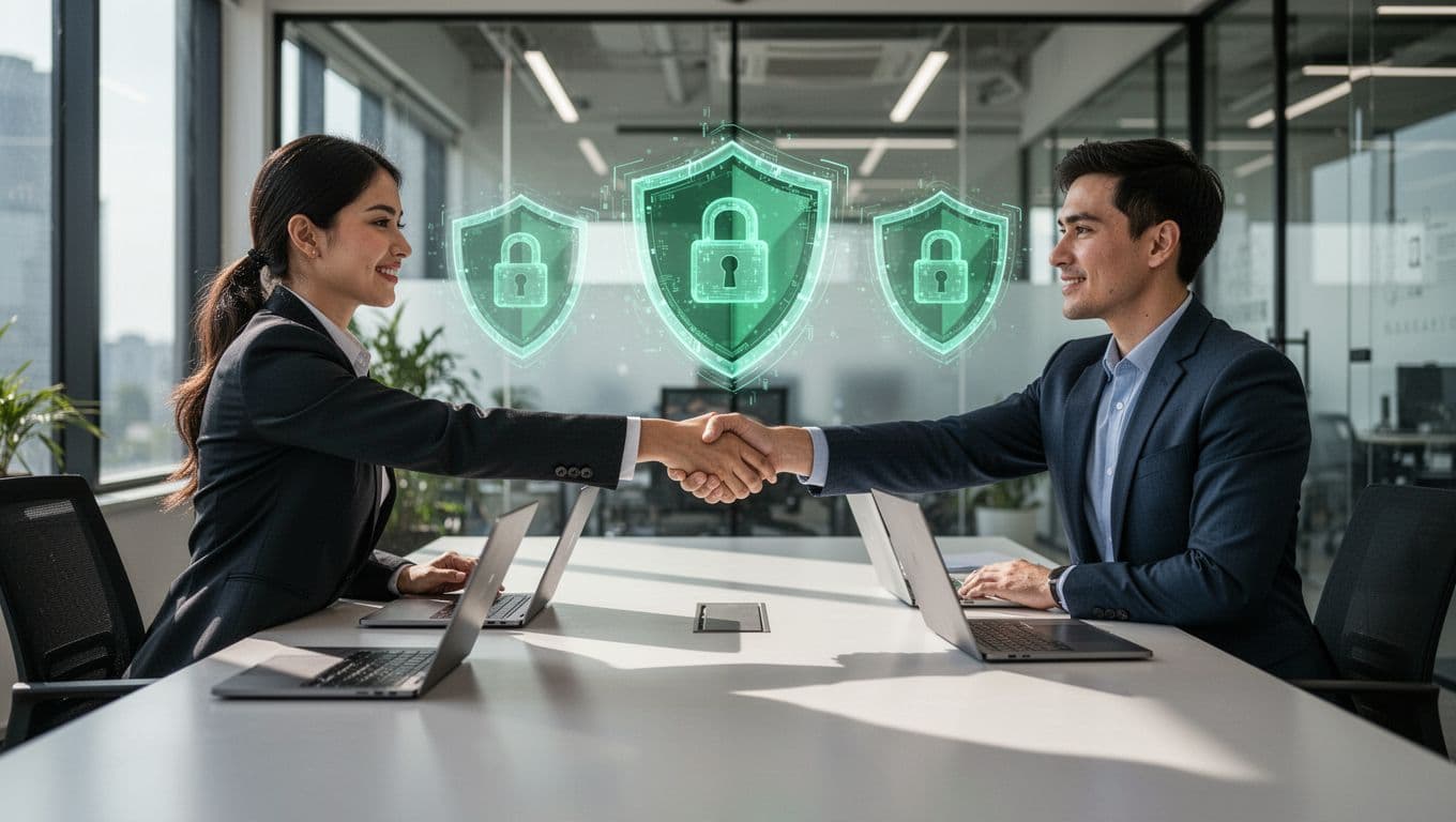 Modern illustration of a cybersecurity professional in a sleek office shaking hands with a recruiter across a table with laptops and subtle security icons like shields and locks in the background.