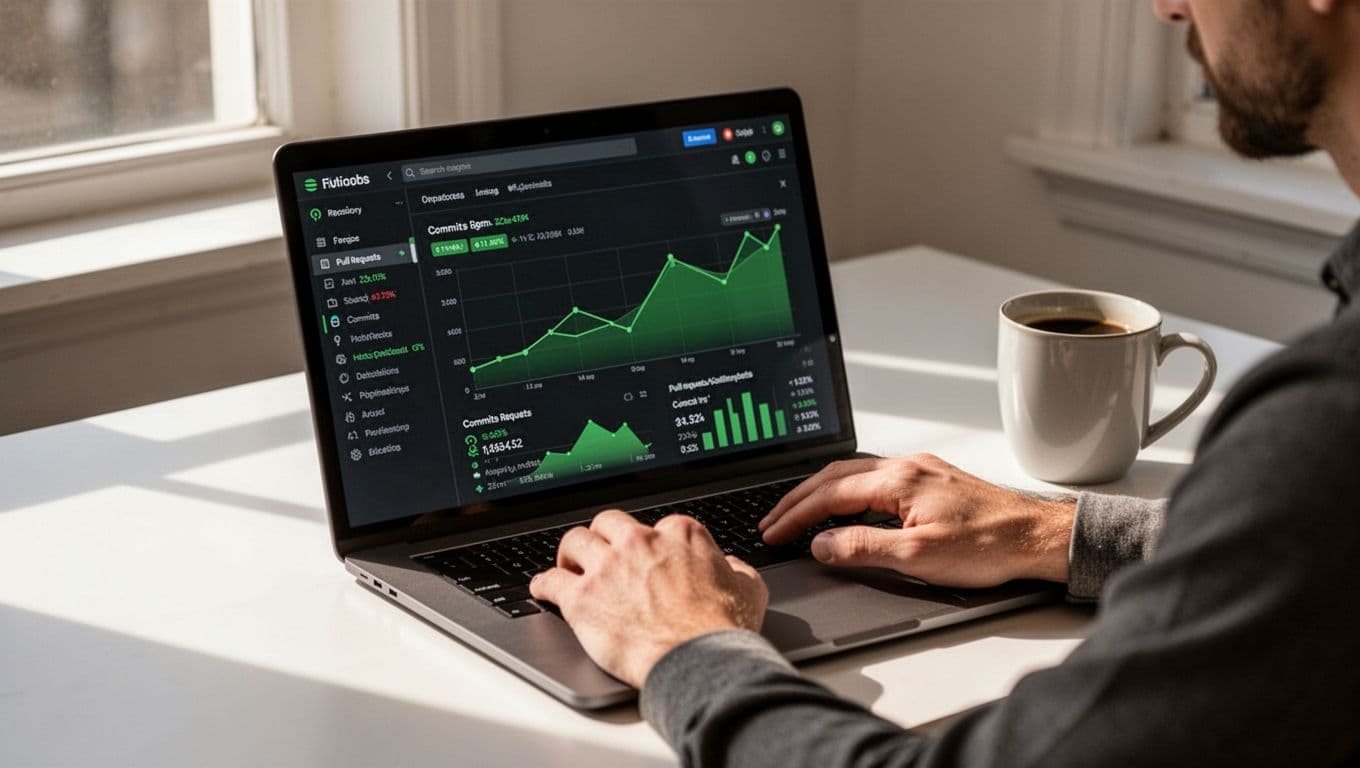 Modern illustration of a cybersecurity professional reviewing a GitHub repository dashboard on a laptop screen in a clean desk setting with coffee mug, focusing on commits and pull requests graphs.