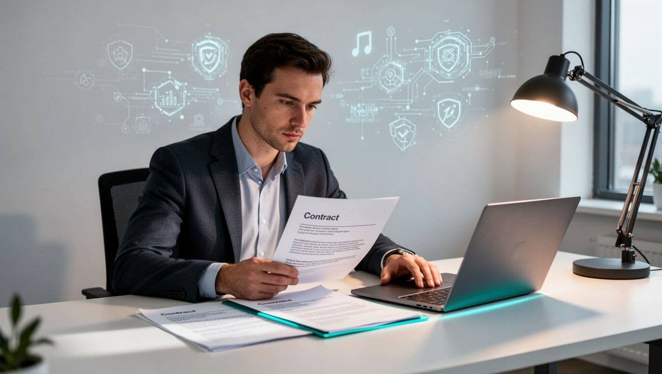 A single cybersecurity professional sits at a modern office desk, carefully reviewing contract documents and a laptop screen with a focused expression, hands resting on papers, subtle cybersecurity icons in the background, in a clean modern illustration style.