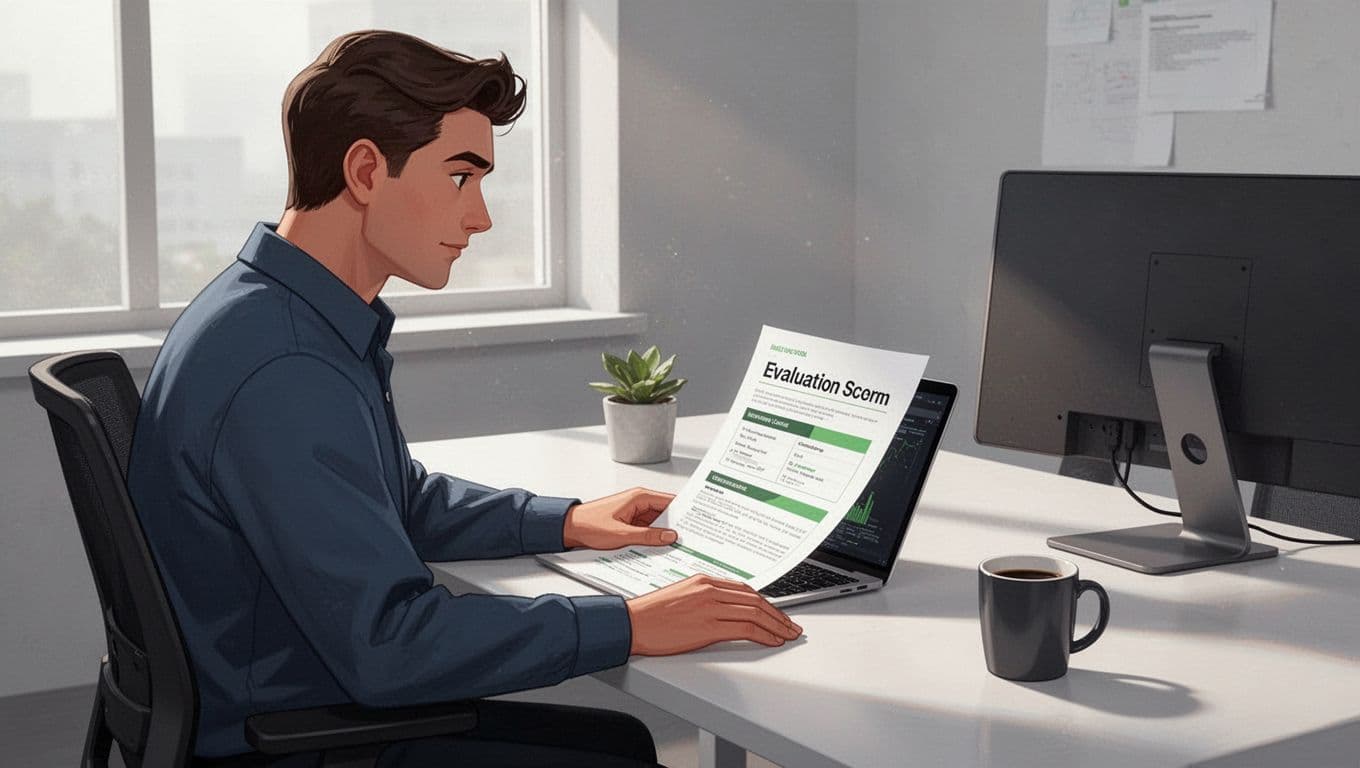 A cybersecurity professional intently reviews a third-party evaluation report on a laptop at a modern office desk with a coffee mug nearby, captured in a side-angle composition with a focused expression in clean illustration style.
