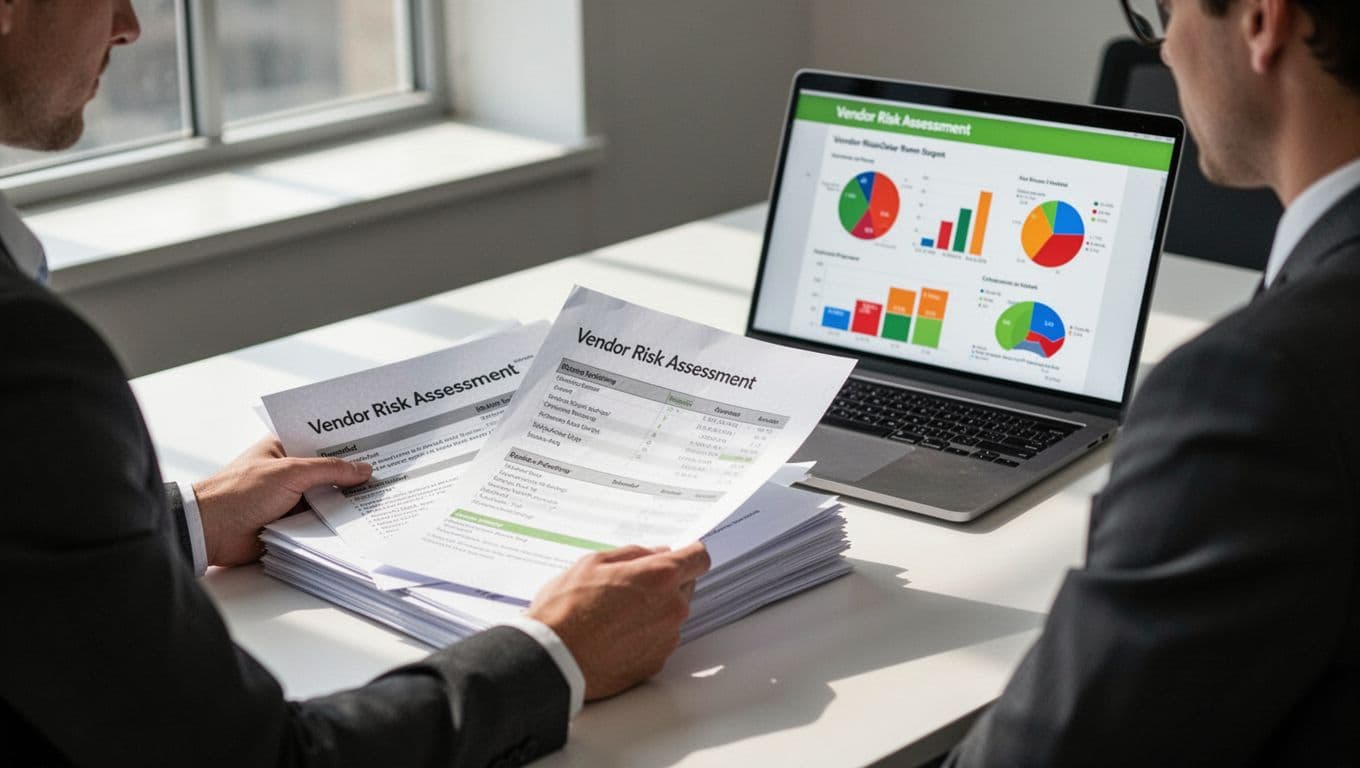 A cybersecurity professional seated at a modern office desk reviews stacks of vendor risk assessment documents and a laptop screen displaying risk charts in a focused close-up composition. Modern illustration style features clean shapes, controlled colors with #22C55E accents for highlights, natural lighting, square aspect ratio.