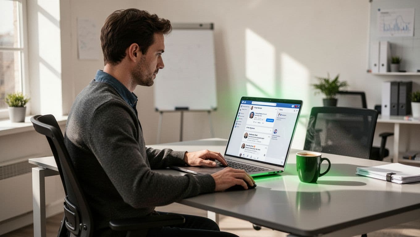 A cybersecurity professional in a relaxed pose at a modern desk uses a laptop to search LinkedIn for recruiters, with a coffee mug nearby in a clean office illuminated by bright natural light.