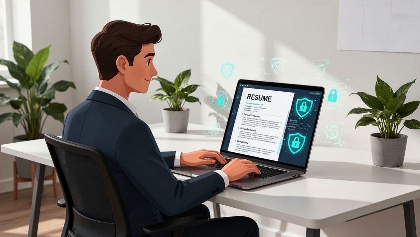 A cybersecurity professional sits at a modern desk customizing a resume on a laptop screen featuring subtle security icons like shields and locks. Side-angle composition focuses on relaxed hands on the keyboard in a clean office with plants, rendered in modern illustration style.