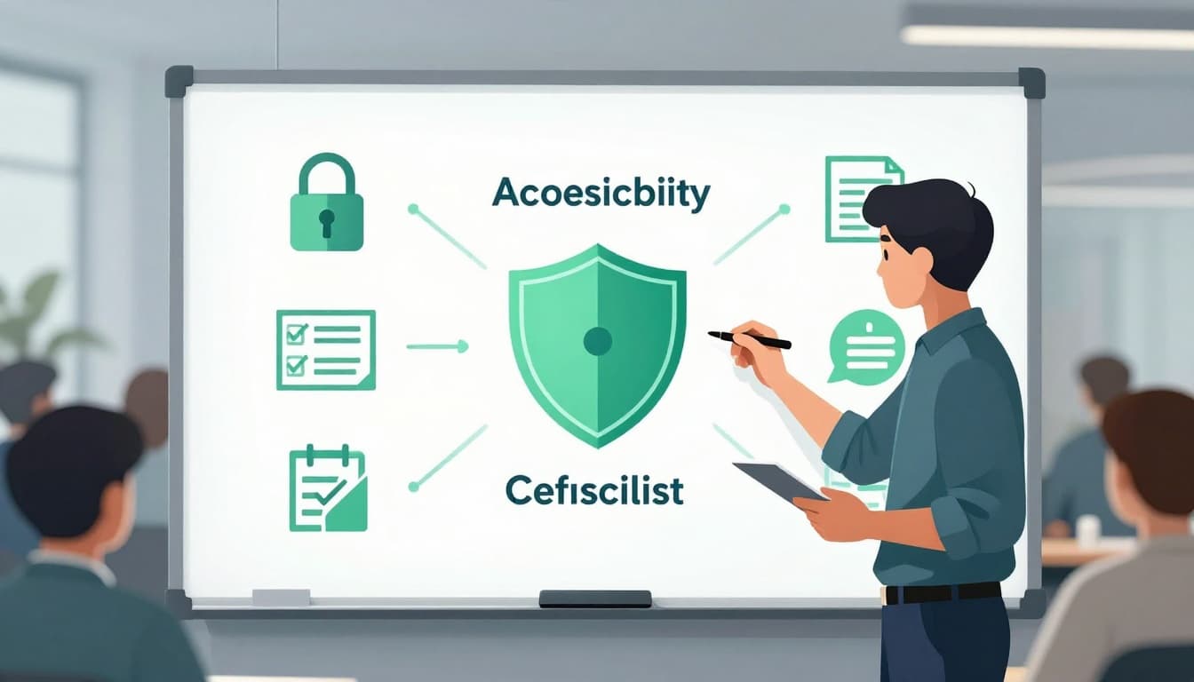 Modern illustration of one cybersecurity professional standing relaxed in front of a whiteboard with simple icons for lock, shield, and checklist representing assessment and communication skills. Conference room with blurred background team, blues-greens palette accented in green, strong focus on person and board.