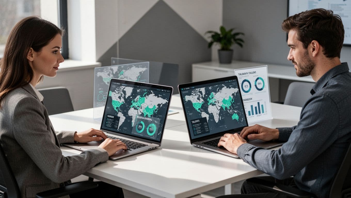 Modern illustration of one male and one female cybersecurity professional seated at desks in a contemporary office, viewing laptops displaying regional maps and talent charts with green highlights on Europe and Asia regions, relaxed hands near devices, clean composition and soft lighting.