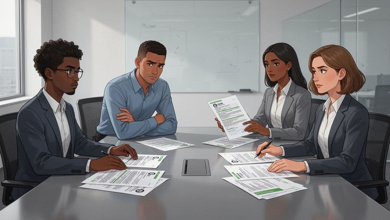 Diverse group of four cybersecurity professionals at a conference table reviewing candidate resumes and notes, with one subtly showing bias by crossing arms skeptically, in modern illustration style.