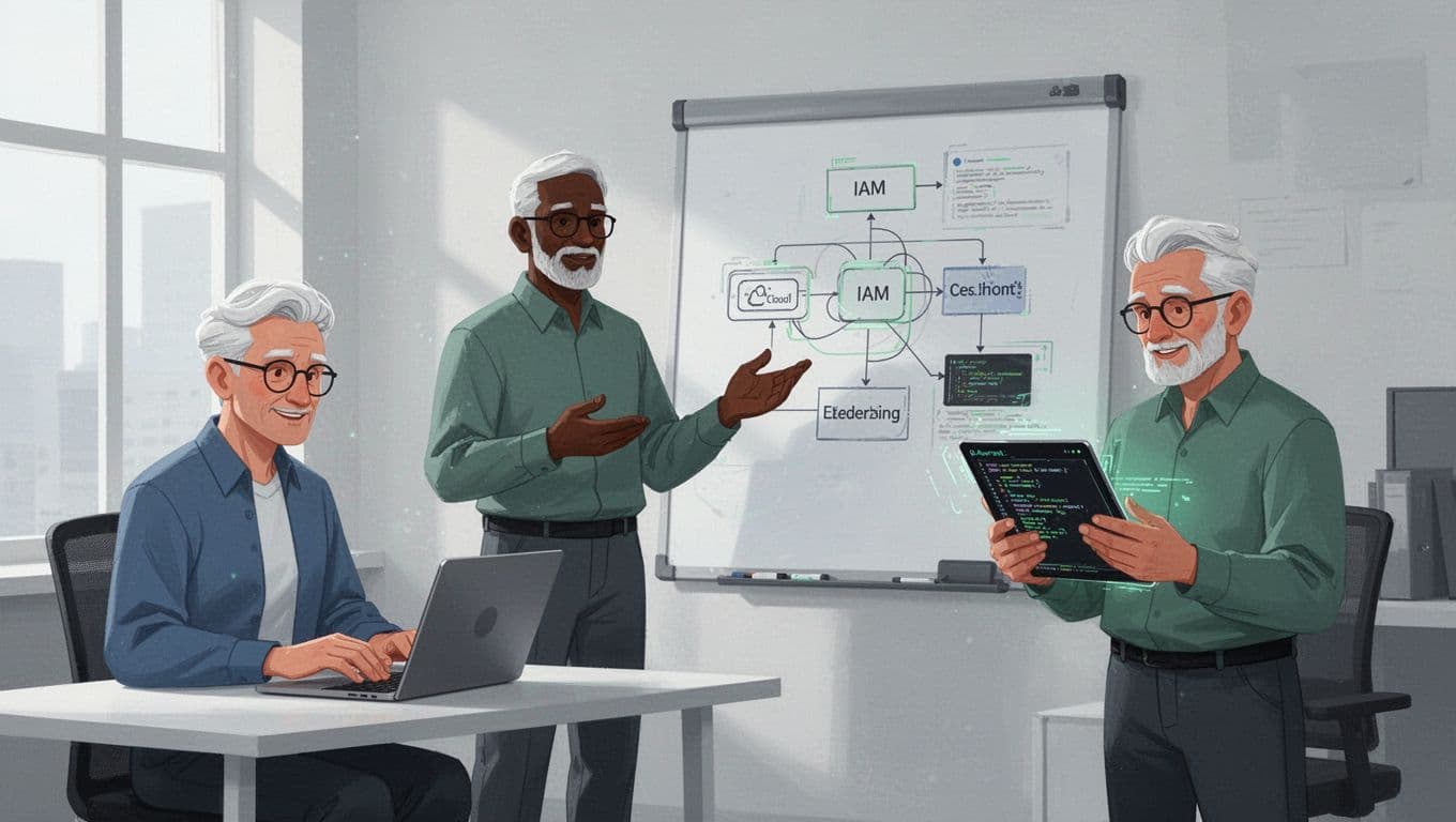 Modern illustration of three cybersecurity experts—a cloud architect at a laptop, an IAM specialist at a whiteboard, and a DevSecOps engineer reviewing code—in a collaborative office with consistent style and green accents.