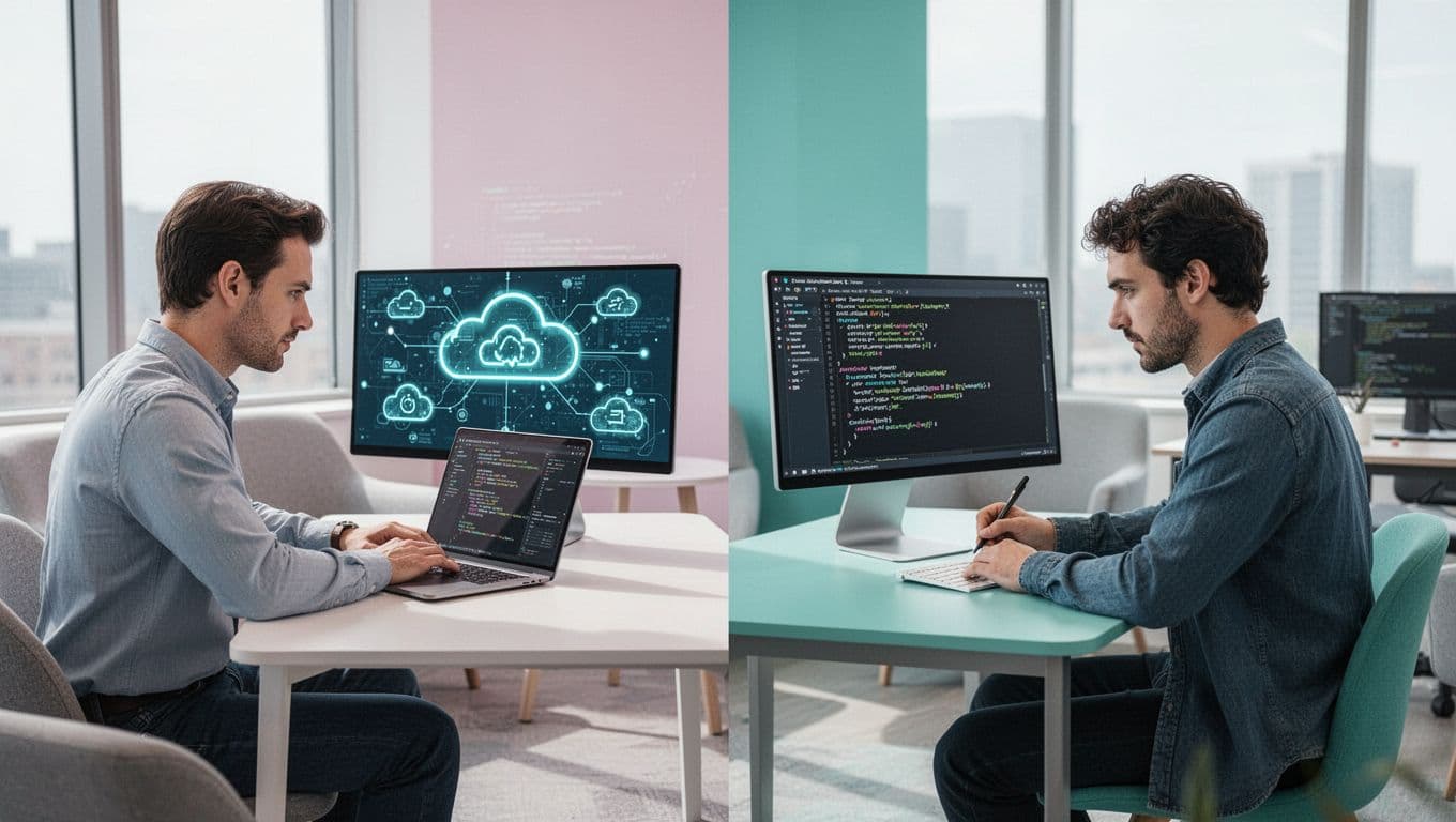 Modern illustration featuring three cybersecurity professionals: cloud security architect reviewing network diagram, IAM specialist monitoring dashboard, and DevSecOps engineer coding securely in a collaborative office.