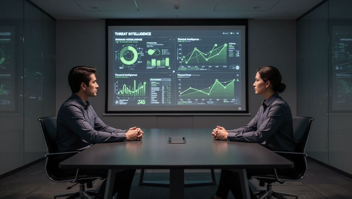 Modern illustration of two cybersecurity professionals in a secure conference room reviewing threat intelligence reports on a large screen, with clean shapes, controlled color palette accented by green highlights on charts, emphasizing team collaboration.