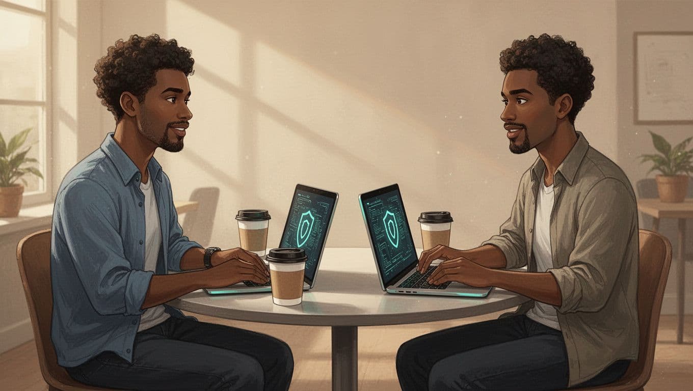 Two diverse professionals discuss at a table with laptops and coffee, subtle security icons in warm lighting.
