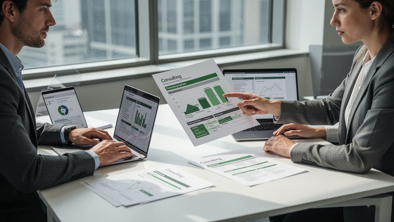 Modern illustration of two cybersecurity professionals in a modern office reviewing Zero Trust consulting options on laptops and papers, with one pointing to a chart featuring green accents.
