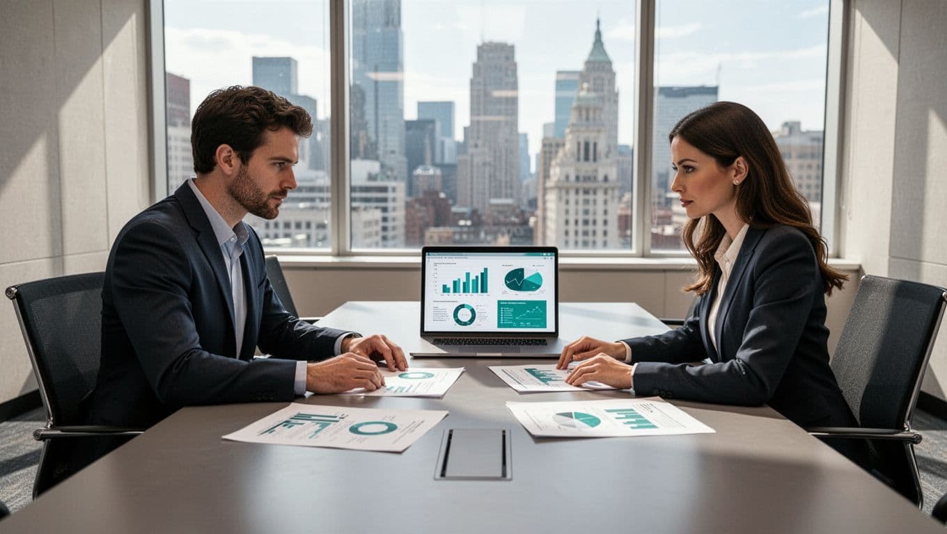 Modern illustration of two cybersecurity professionals, one man and one woman, seated at a conference table in a modern government office with city skyline view, reviewing printed reports and a laptop showing charts with green accents.