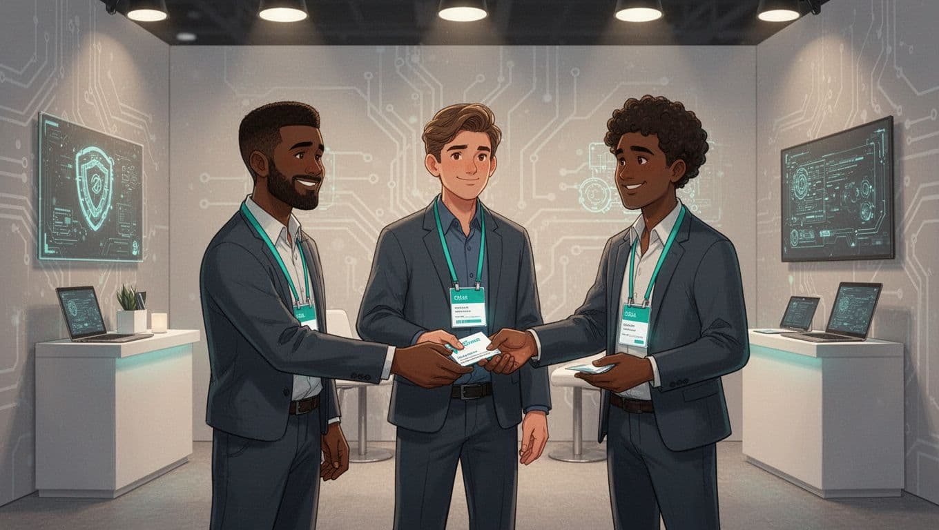 Three diverse cybersecurity professionals exchange business cards at a casual conference booth with subtle circuit motifs.