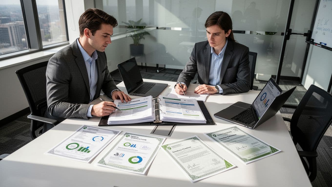 Modern illustration of two cybersecurity professionals at a conference table reviewing a vendor application binder with charts and certificates in a contemporary office setting under natural daylight.
