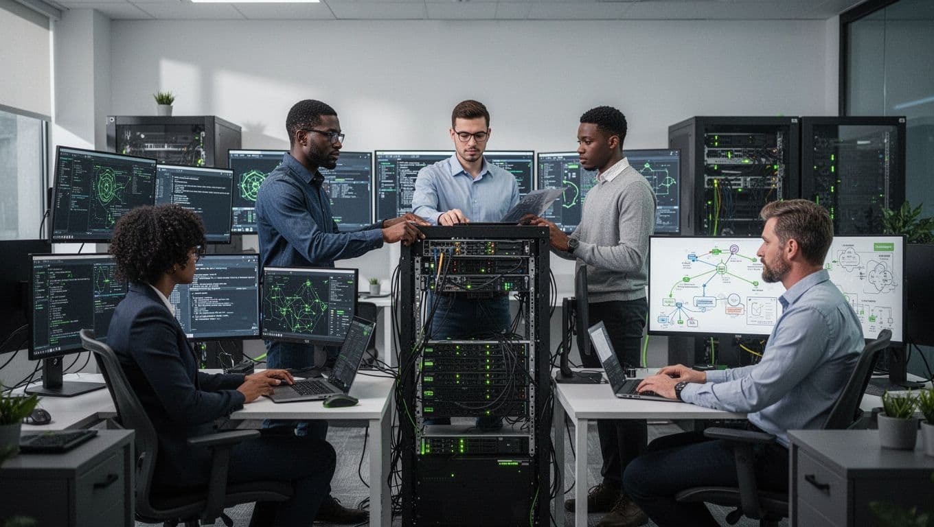 Modern illustration featuring a SOC analyst monitoring, security engineer configuring firewall, and cloud specialist reviewing diagrams in a collaborative office with monitors and servers.