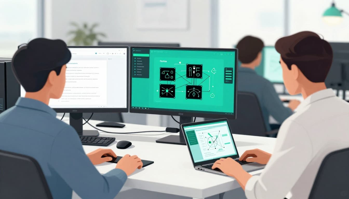 Modern illustration of three cybersecurity professionals collaborating in an office: SOC analyst monitoring multiple screens, security engineer reviewing network diagram, penetration tester working on laptop. Side-angle composition with clean shapes, green accents, and bright lighting.