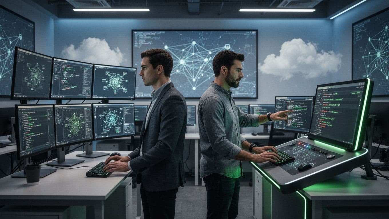 Modern illustration of three cybersecurity experts—a SOC analyst, security engineer, and cloud specialist—at workstations in a secure operations center with monitors and network diagrams.
