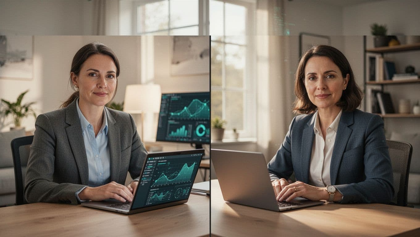 Two cybersecurity hiring professionals in a virtual video call debriefing a work sample, one sharing screen with abstract security report charts in green tones, engaged discussion in split-screen composition, modern clean illustration style.