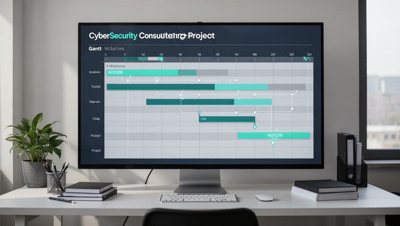 Clean illustration of a Gantt chart for a cybersecurity consulting project, featuring phases like initial assessment, planning, implementation, testing, and review with horizontal timeline bars and milestones, displayed on a large screen in a simple office desk setting.