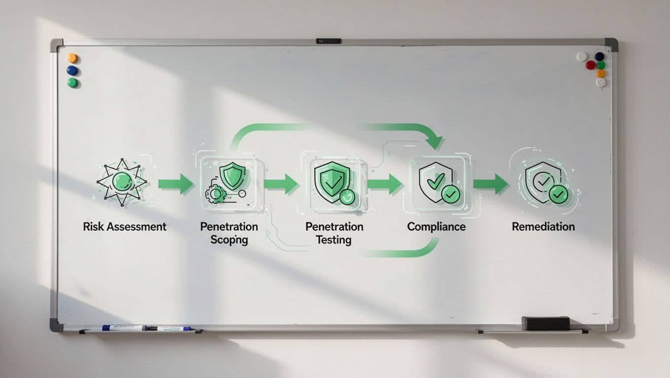 Modern illustration showing a flowchart of cybersecurity project phases from scoping to remediation on a digital whiteboard, with icons for risk assessment, pen testing, compliance check, and arrows connecting steps in a clean, neutral design.