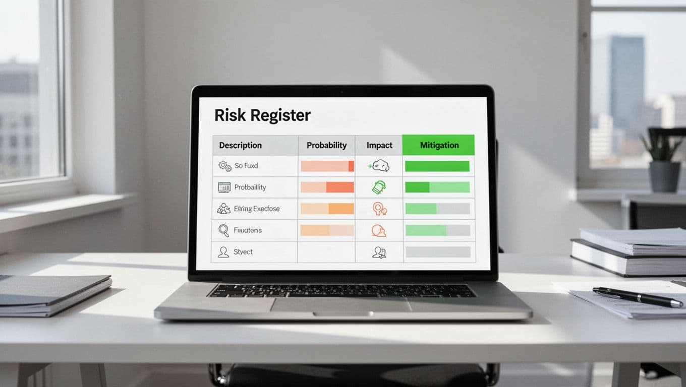 Illustration of a cybersecurity project risk register table on a laptop screen in a desk setting, featuring columns for risk description, probability, impact, and mitigation strategy with visual level indicators accented in green.