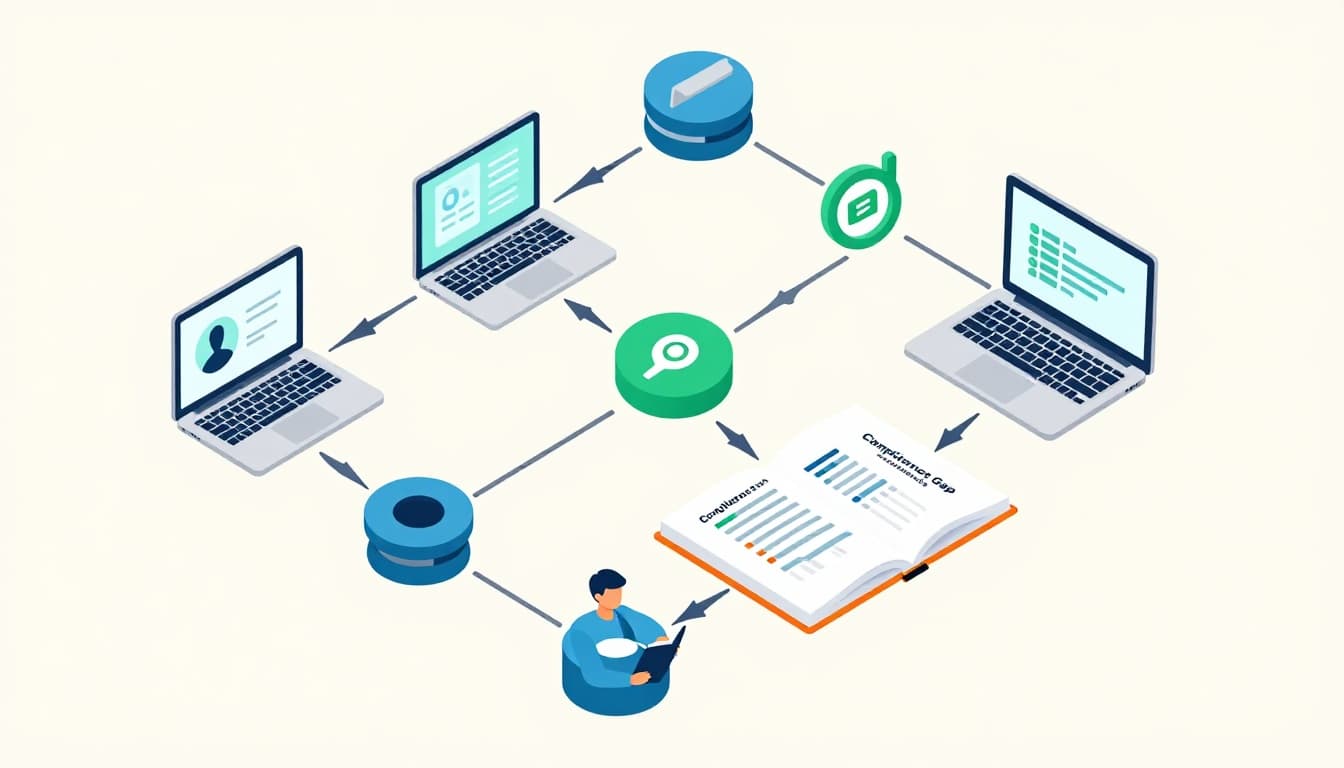 Modern isometric illustration featuring icons for cybersecurity projects including vulnerability assessment scanner, penetration testing toolkit, policy development notebook, and compliance gap chart, arranged in a simple flowchart on a light background with green accents.