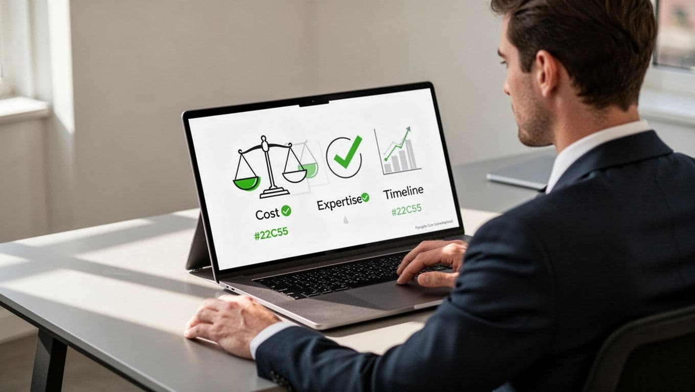 Modern illustration of a dashboard screen displaying evaluation criteria icons like scales, balance, checkmarks, and graphs for cost, expertise, and timeline, viewed by a business professional from their desk with soft lighting and clean shapes.