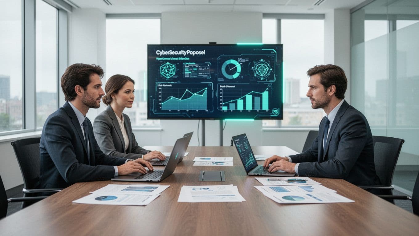 Modern illustration of two professionals collaborating on a cybersecurity consultant proposal around a conference table with laptops, documents, and charts on screen in a conference room.