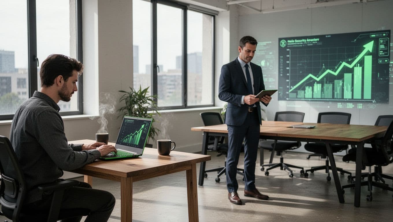 Modern illustration comparing three cybersecurity provider types: independent consultant at desk, boutique team in office, and large firm in conference room, with subtle price icons increasing from left to right.