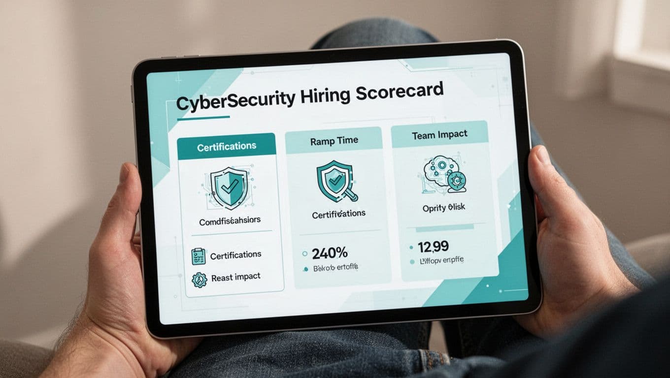 Modern illustration of a sample Quality of Hire (QoH) scorecard for a cybersecurity role on a digital tablet, featuring metrics like certifications, ramp time, and team impact scores, held by a partially obscured hand against a neutral background.