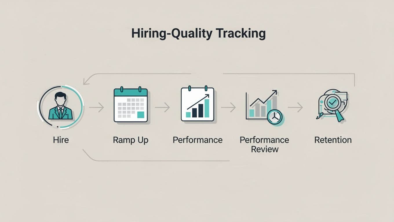 Modern illustration featuring a clean flowchart for tracking quality of hire in cybersecurity recruiting, with steps from hire to performance review using simple icons like calendars and graphs on a neutral background.