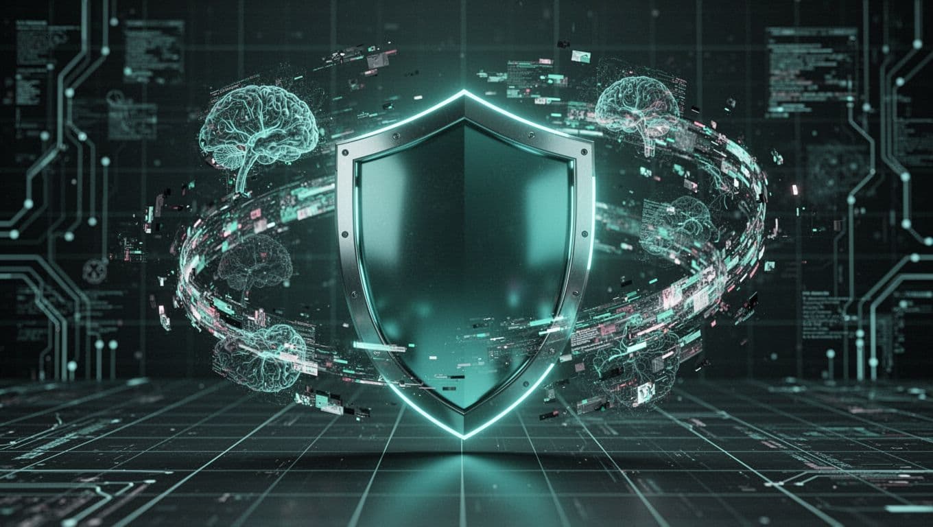 Modern illustration depicting cybersecurity threats like ransomware attack icons and AI elements around a protected network shield in a digital environment, strong composition with central shield, clean shapes, controlled palette using #22C55E for the shield glow, dynamic lighting.
