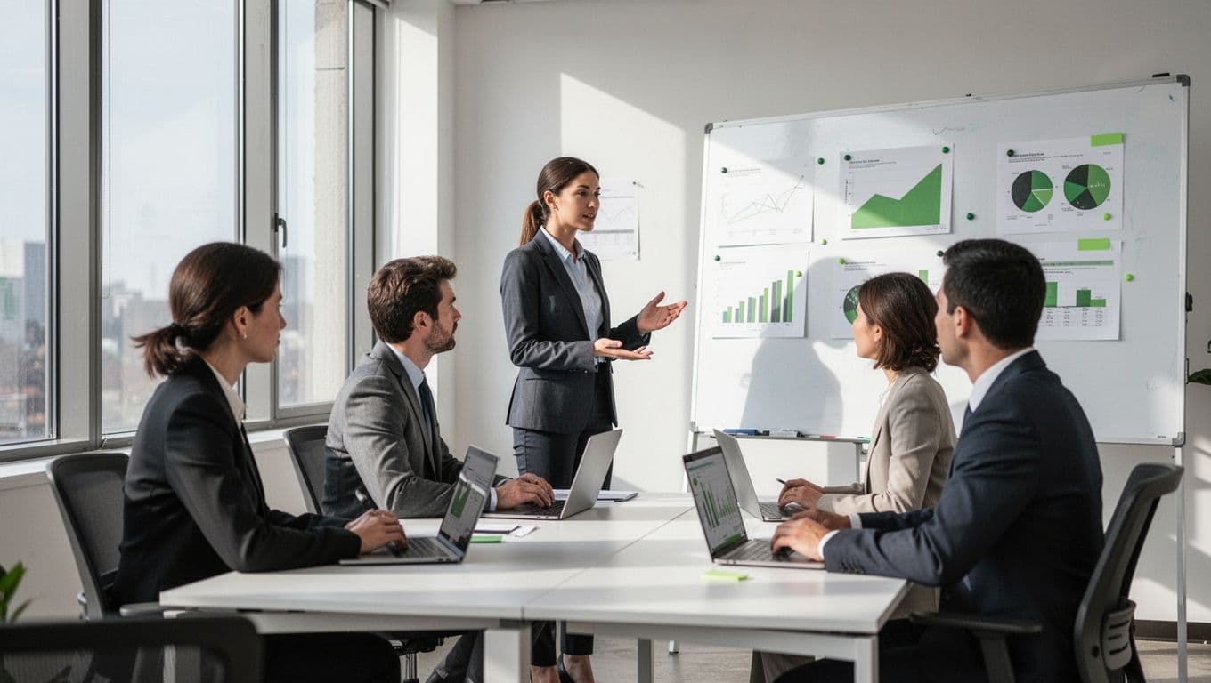 Modern illustration of a three-person team in a contemporary office reviewing cybersecurity reports on laptops and whiteboards, with one leader discussing charts showing gaps and readiness levels.