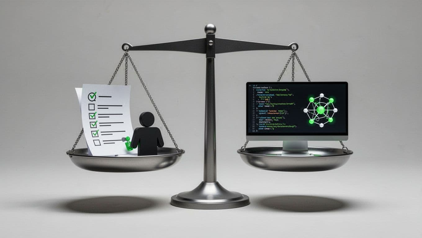 Modern illustration of balanced scales comparing cybersecurity readiness assessment icons like questionnaires and interviews on one side versus penetration testing tools like hacking simulations on the other, with clean shapes, green accents, simple composition, neutral background, strong lighting, no text or people.