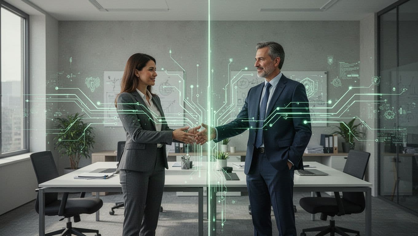 Modern illustration of a recruiter connecting a cybersecurity executive with a company team via glowing digital network lines, in a split-screen modern office setting from the recruiter's perspective.