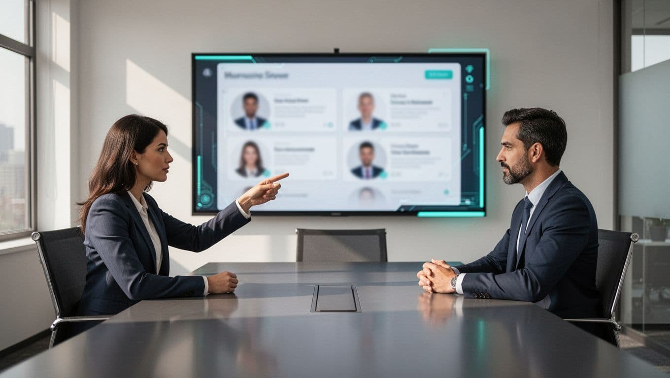 Modern office illustration of a recruiter and hiring manager seated at a conference table, collaboratively reviewing blurred candidate profiles on a shared screen with the recruiter pointing relaxedly. Clean composition with natural daylight lighting, green accents, and focus on professional collaboration.