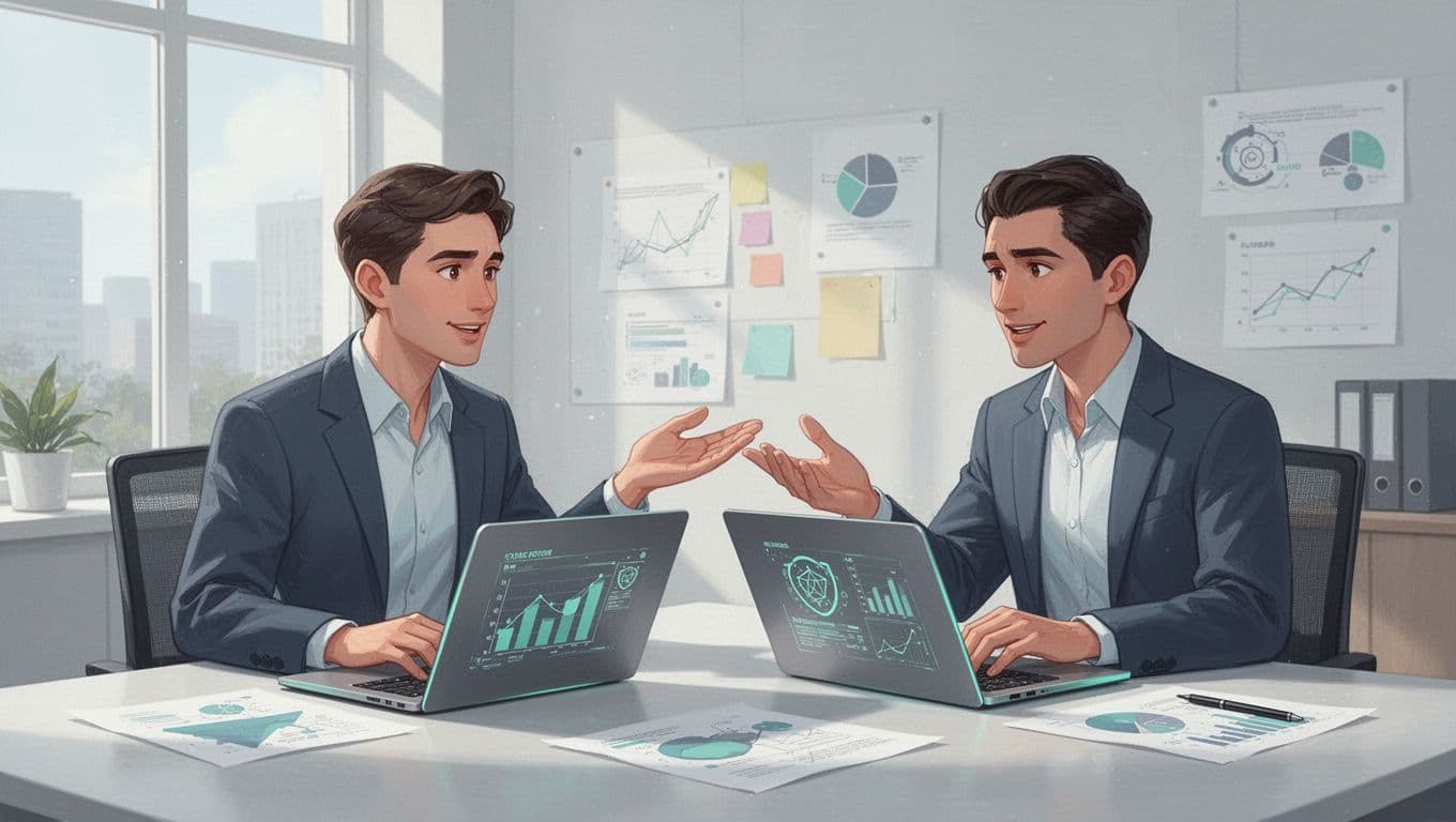 Modern illustration of a hiring manager and cybersecurity recruiter discussing over laptops in a bright office, using clean shapes, controlled color palette with green accents, and strong composition.