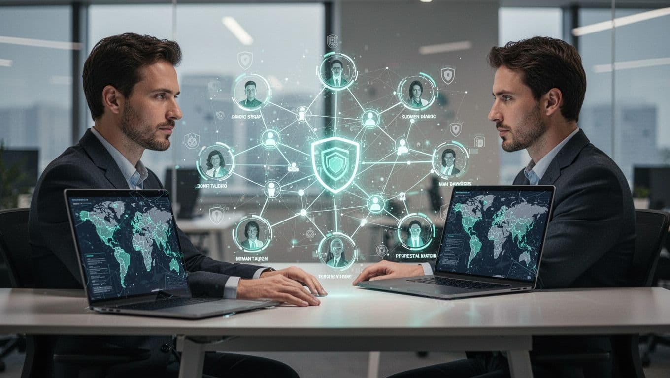 Modern illustration of a cybersecurity recruiter at a desk analyzing a holographic network map of talent profiles connected by glowing lines, featuring locks, shields, and cloud icons with #22C55E accents on secure nodes.