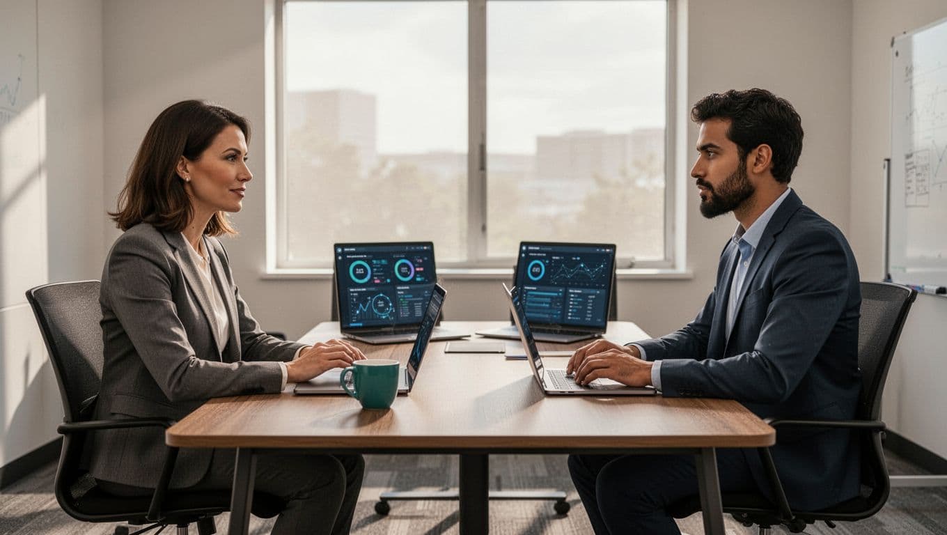 Modern illustration of a hiring manager and cybersecurity recruiter in a relaxed professional discussion over a coffee table, with laptops showing subtle security dashboards in a conference room with window light.