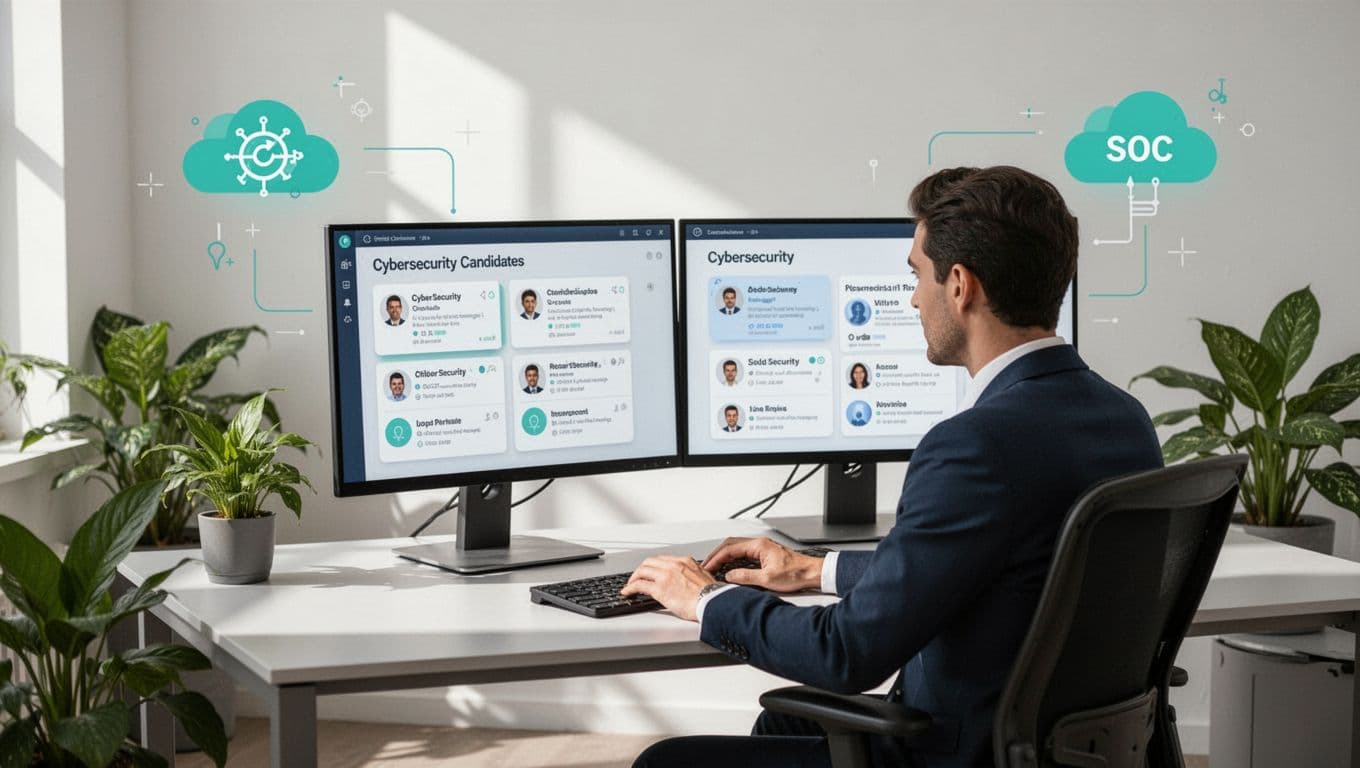 Modern illustration of a recruiter at a desk matching cybersecurity candidates to job roles on dual monitors with cloud security and SOC icons in an office setting with plants.