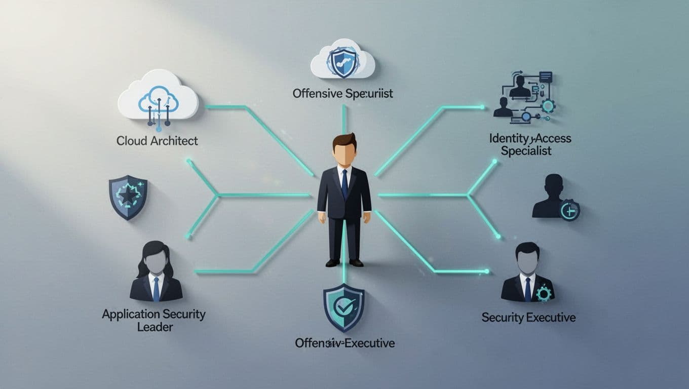 Modern illustration of a professional network graph with a central recruiter node connected to icons of cloud architect, IAM specialist, AppSec leader, offensive security expert, and security executive. Features clean lines, controlled colors including #22C55E for connections, abstract background, and landscape aspect ratio with no text, watermarks, or people.