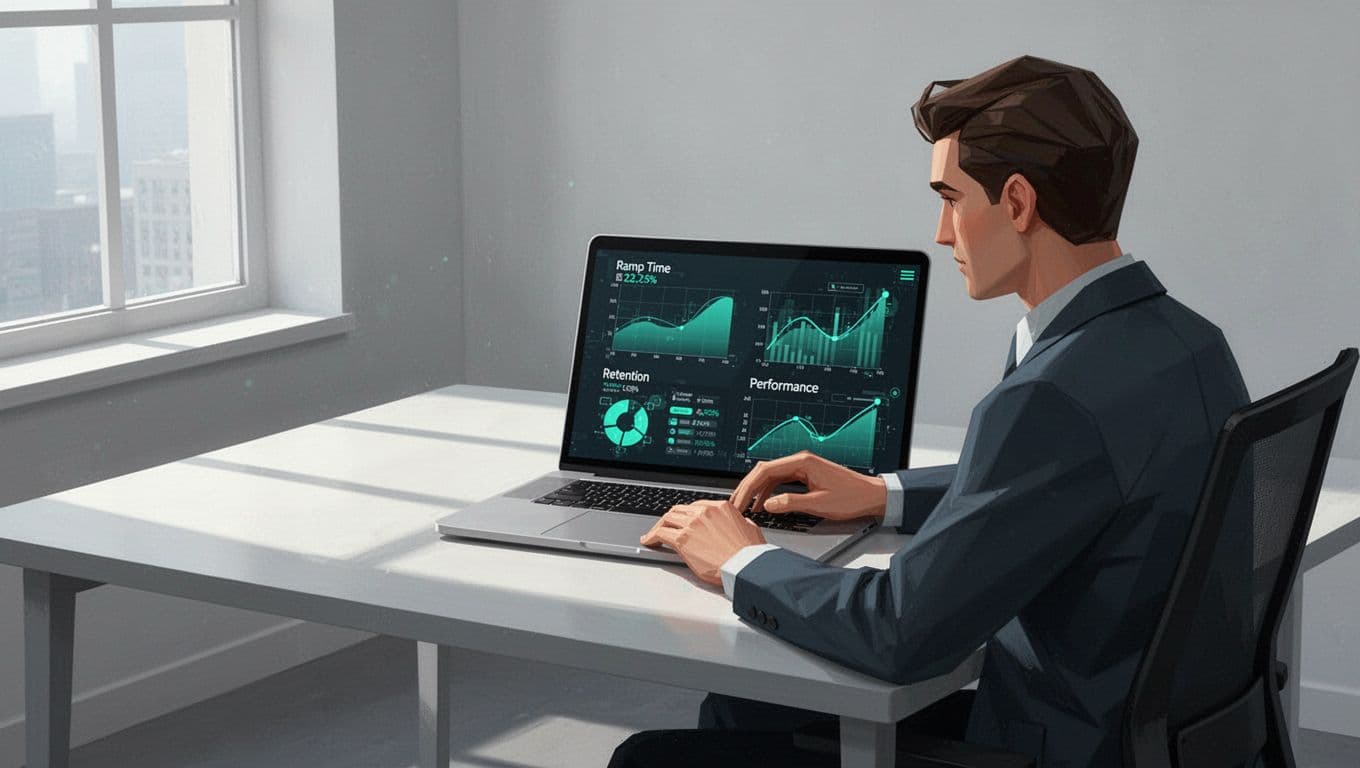 Modern illustration in clean shapes and controlled colors with #22C55E accents: cybersecurity recruiter at desk reviewing quality of hire dashboard on laptop screen showing charts for ramp time, retention, performance. Exactly one person, relaxed hands on keyboard, office setting, strong composition, natural lighting, no readable text on screen, no watermarks, no extra people.