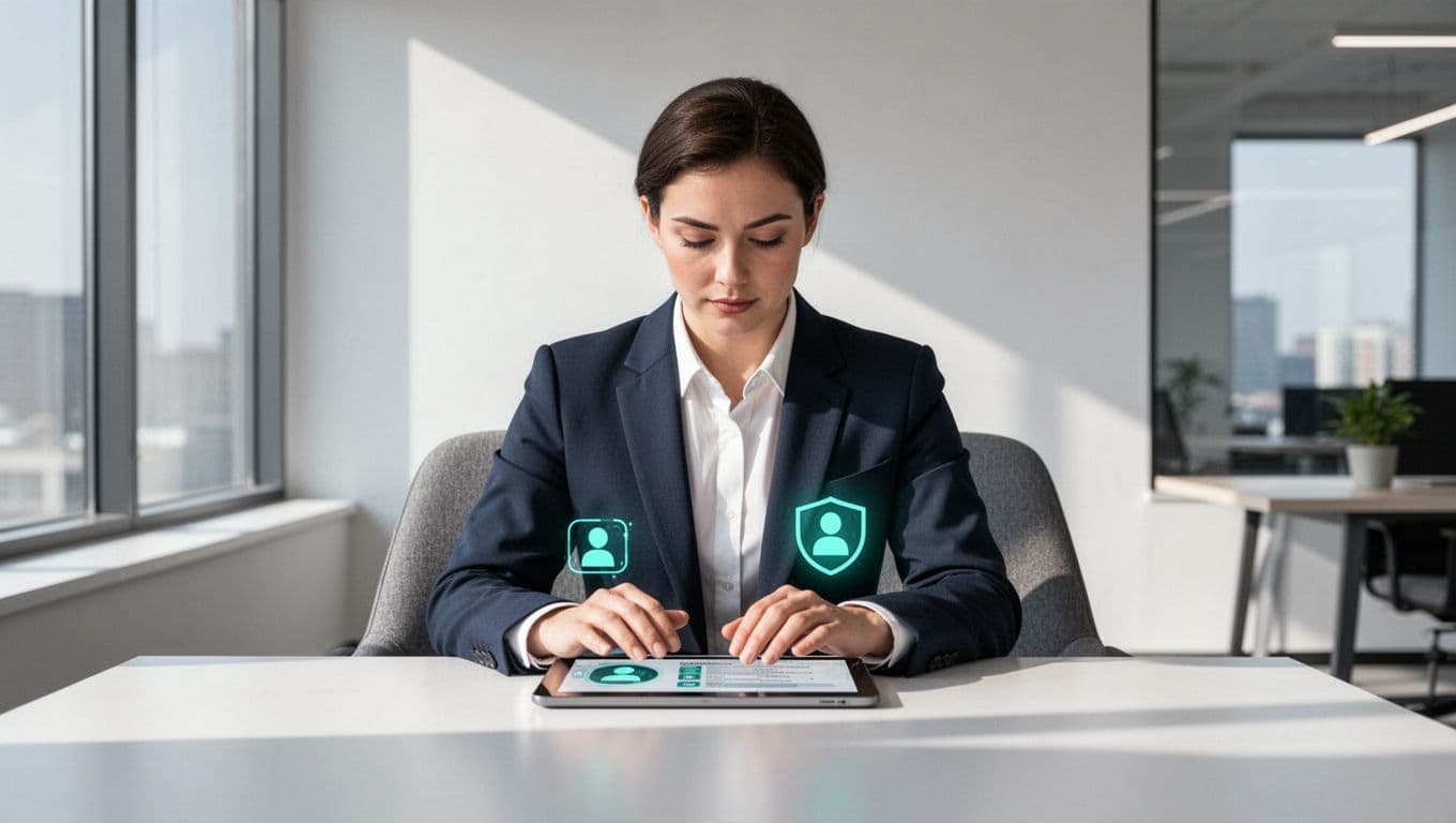 Modern illustration in clean shapes showing a cybersecurity recruiter reviewing candidate profiles for cloud security engineer roles on a tablet in a modern office, with soft lighting and green accents.