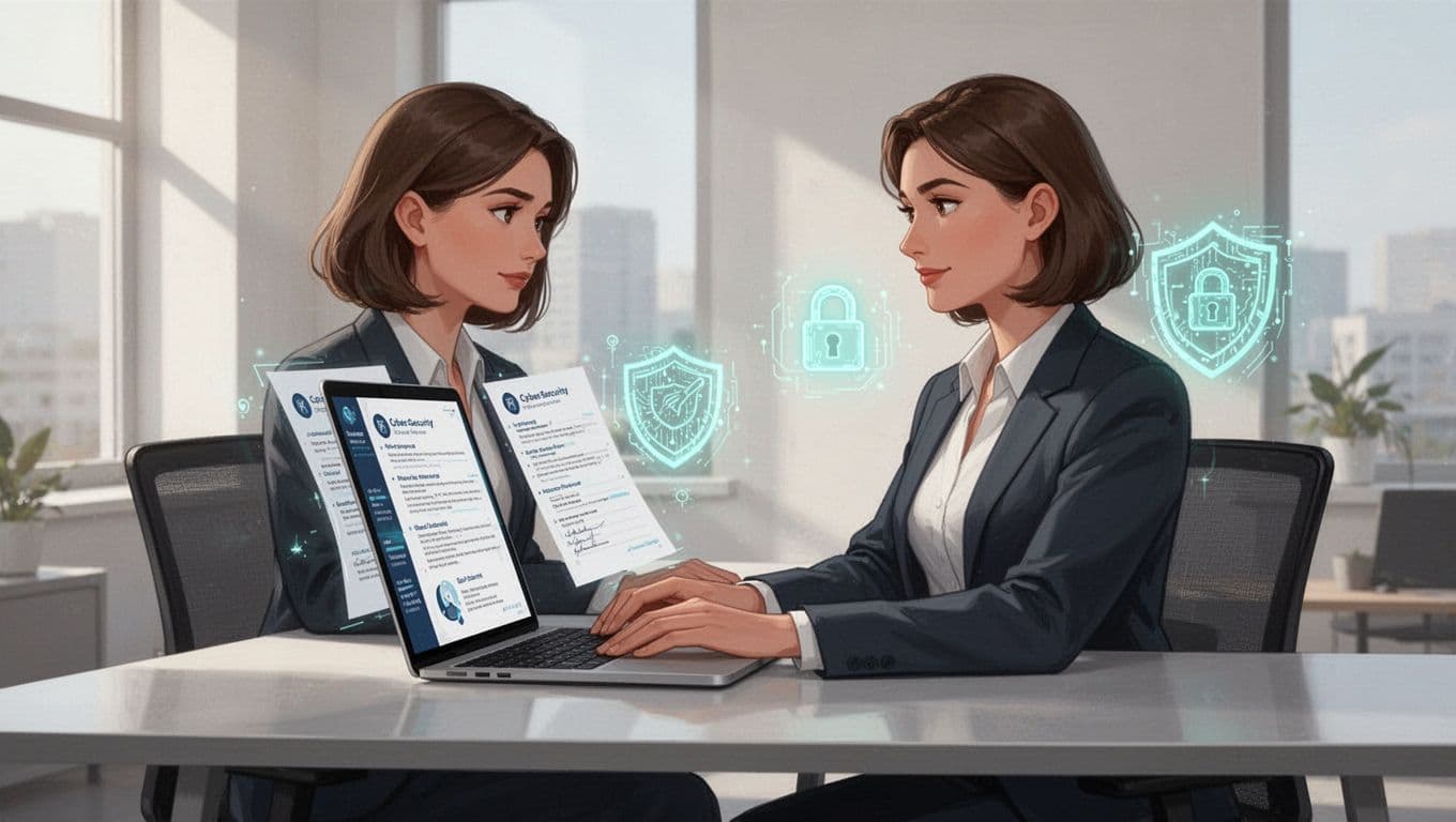 Modern illustration of a recruiter in a bright office reviewing cybersecurity resumes on a laptop, surrounded by subtle icons like digital locks and shields, side view with relaxed pose and soft natural lighting.