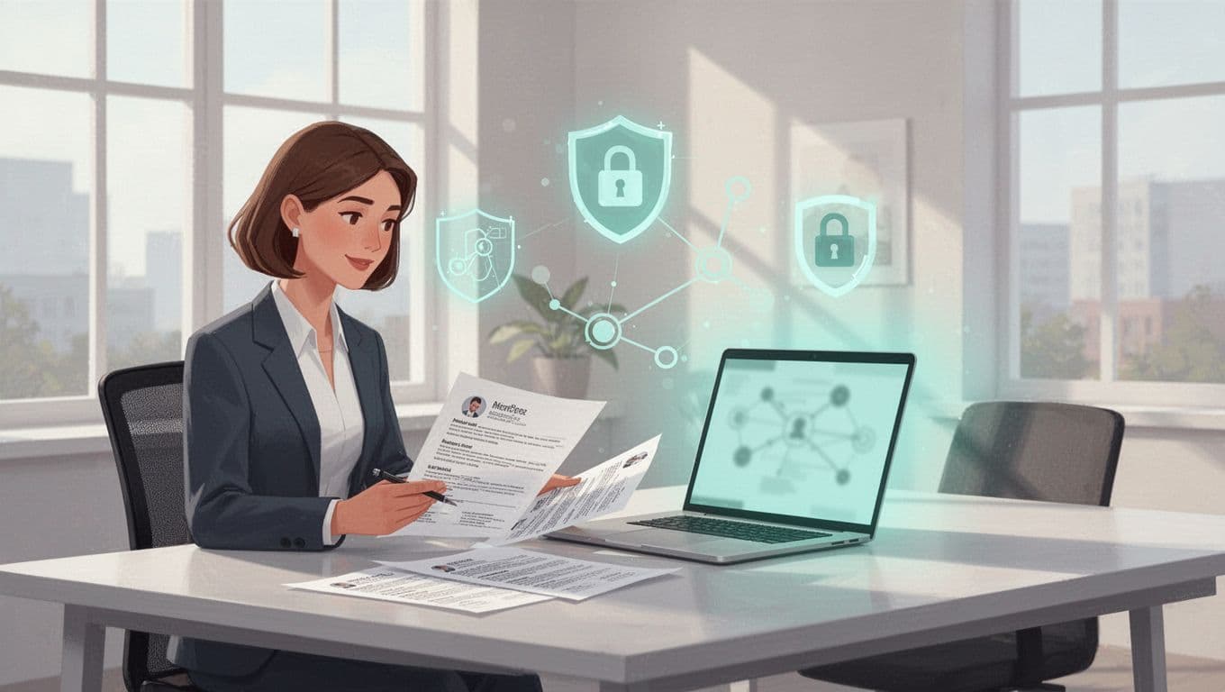 Modern illustration of a professional recruiter at a desk in a bright office, reviewing resumes with floating cybersecurity icons like shields and locks, and a laptop showing a blurred network diagram.