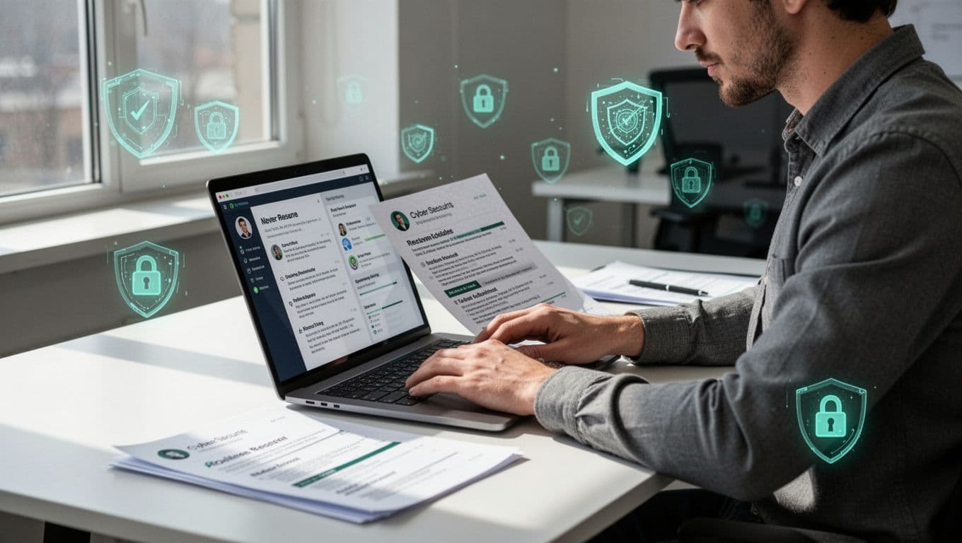 A cybersecurity recruiter with technical background sits at a modern office desk, thoughtfully reviewing resumes and candidate profiles on a laptop displaying security certifications like CISSP and AWS security, with floating icons of shields, locks, and networks; clean modern illustration style with green accents and natural lighting.