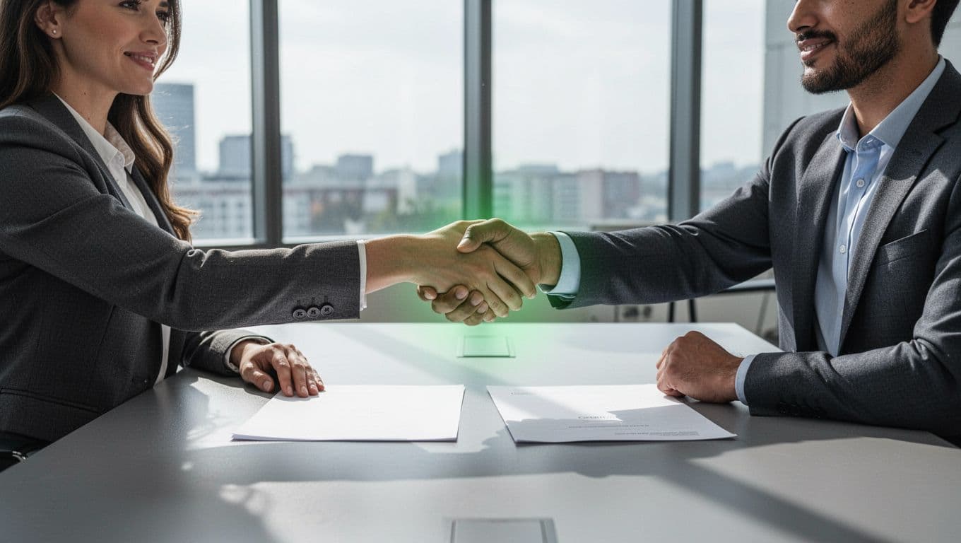 Modern illustration depicting a cybersecurity recruiter and senior security engineer shaking hands over offer documents on a desk in a modern office, highlighting successful offer acceptance with natural lighting and a green accent glow on the handshake.