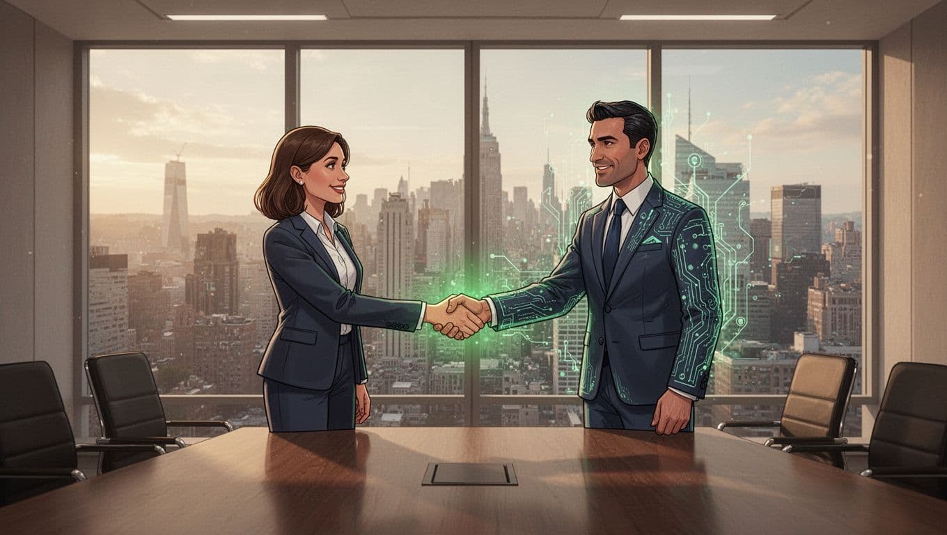 Modern illustration of a recruiter and cybersecurity executive shaking hands in a conference room with city skyline view, symbolizing successful collaboration and partnership.