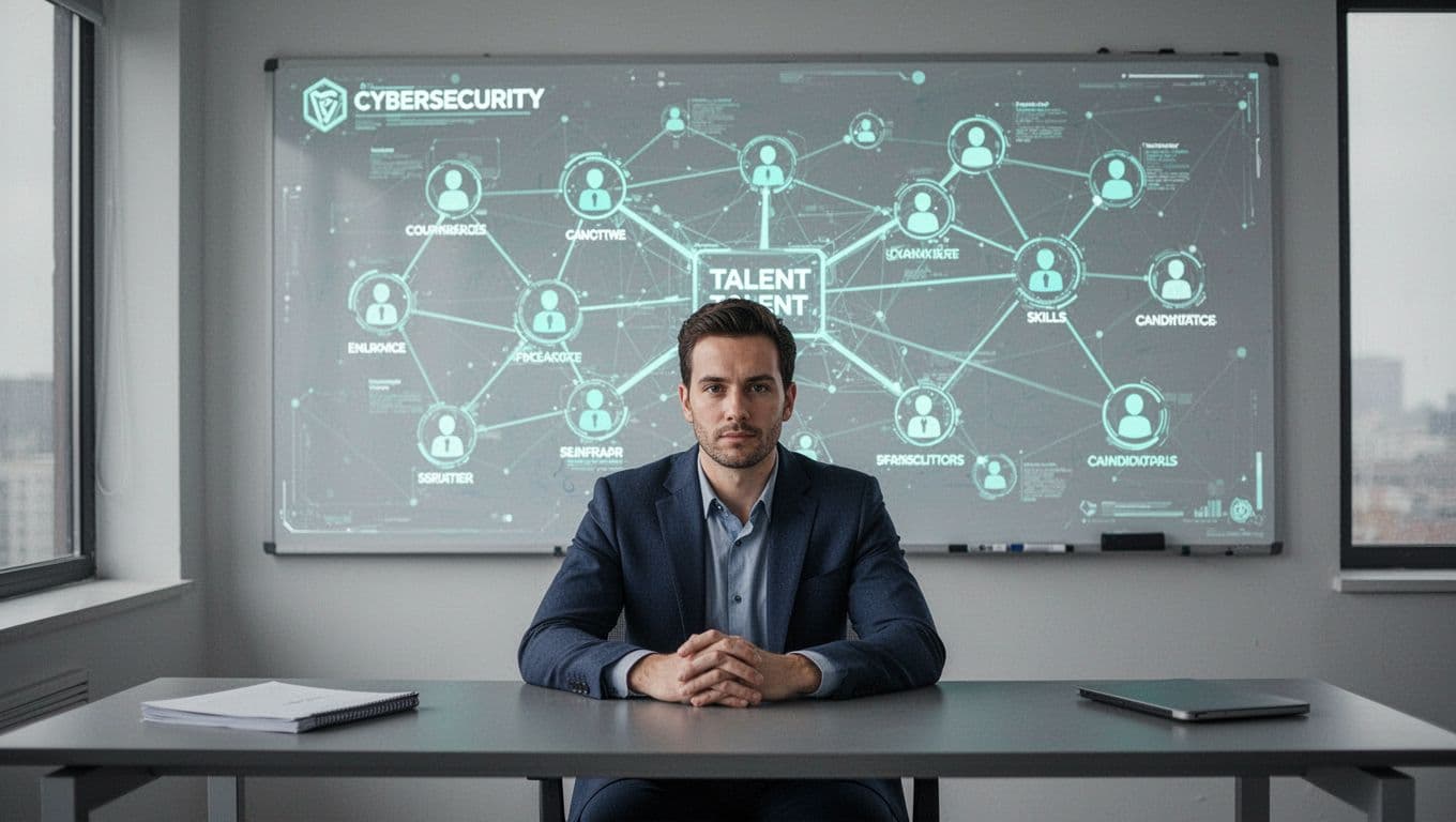 Modern illustration of a cybersecurity recruiter at a desk mapping talent on a digital whiteboard with connected nodes showing skills, roles, and candidates; clean shapes, controlled colors with green accents, strong composition, natural lighting.